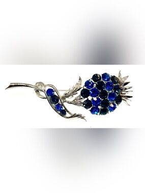Vintage 1960s Blue Crystal Floral Spray Brooch Silver Tone Mid Century